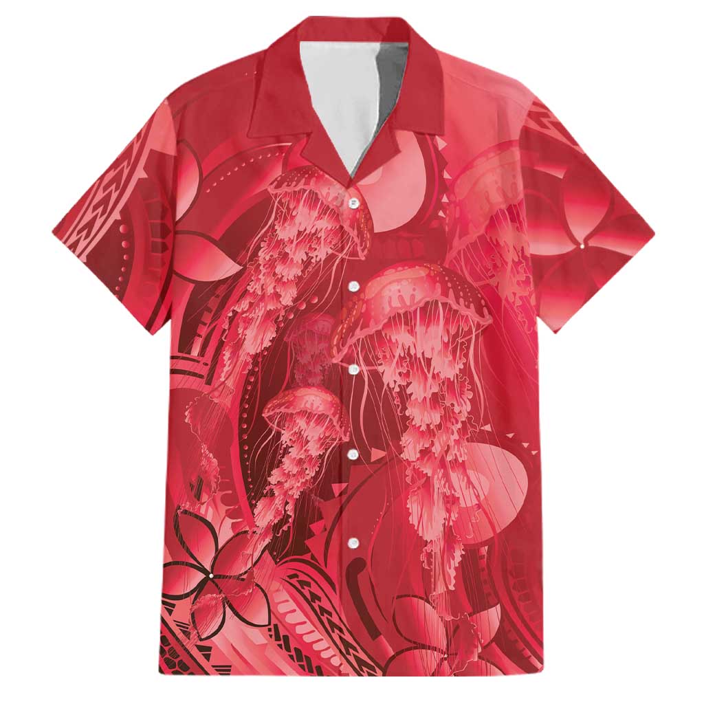 Red Gradient Polynesia Jellyfish Family Matching Puletasi and Hawaiian Shirt Plumeria Polynesian Tattoo Glowing Vibes