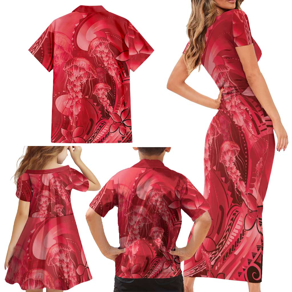 Red Gradient Polynesia Jellyfish Family Matching Short Sleeve Bodycon Dress and Hawaiian Shirt Plumeria Polynesian Tattoo Glowing Vibes LT14 - Polynesian Pride