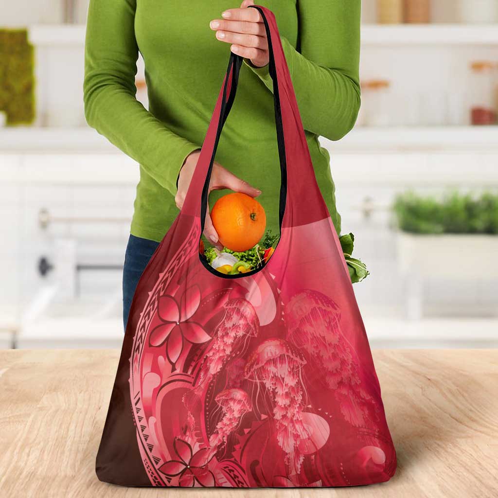 Red Gradient Polynesia Jellyfish Grocery Bag Plumeria Polynesian Tattoo Glowing Vibes