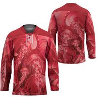 Red Gradient Polynesia Jellyfish Hockey Jersey Plumeria Polynesian Tattoo Glowing Vibes