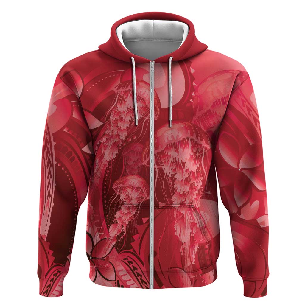 Red Gradient Polynesia Jellyfish Hoodie Plumeria Polynesian Tattoo Glowing Vibes