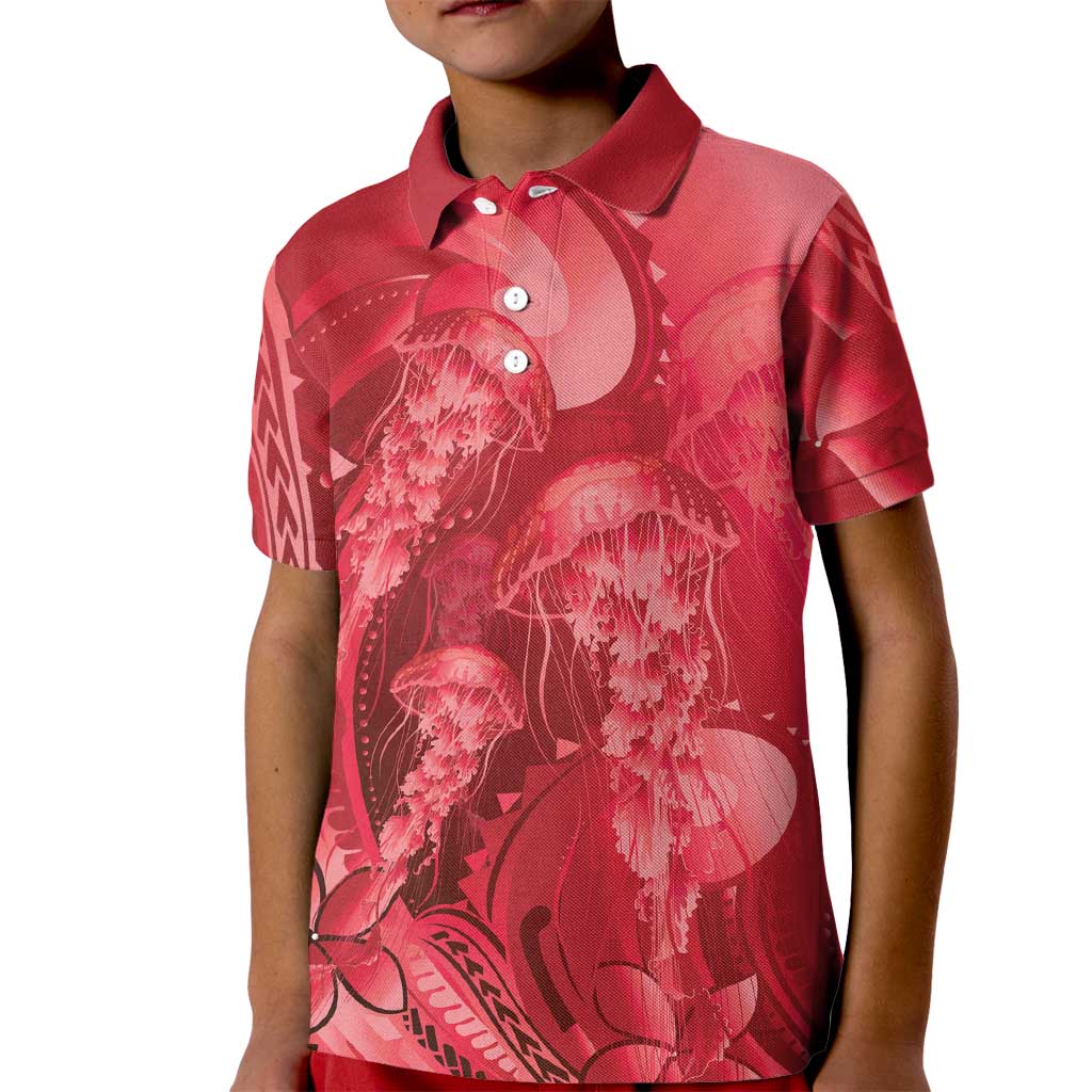 Red Gradient Polynesia Jellyfish Kid Polo Shirt Plumeria Polynesian Tattoo Glowing Vibes