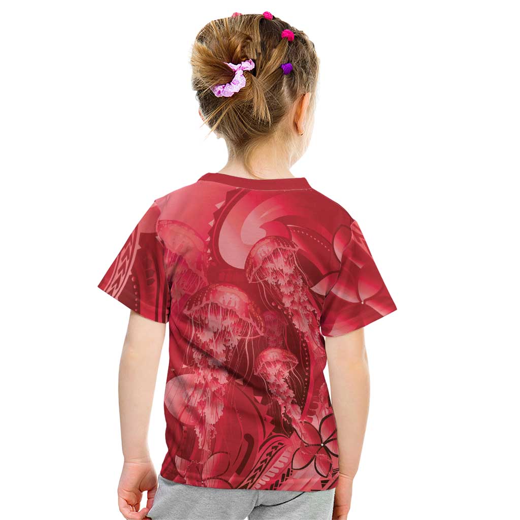 Red Gradient Polynesia Jellyfish Kid T Shirt Plumeria Polynesian Tattoo Glowing Vibes