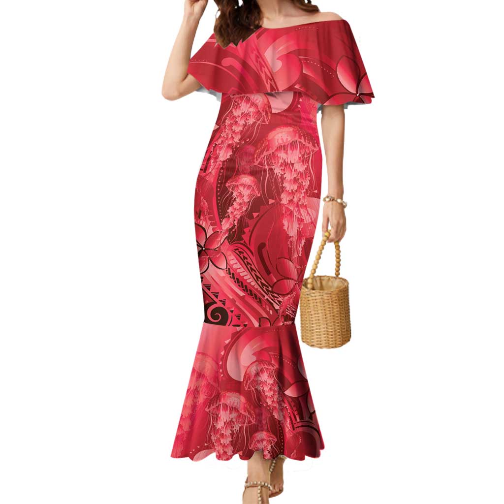 Red Gradient Polynesia Jellyfish Mermaid Dress Plumeria Polynesian Tattoo Glowing Vibes