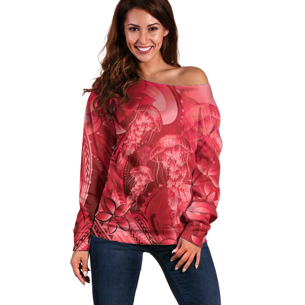 Red Gradient Polynesia Jellyfish Off Shoulder Sweater Plumeria Polynesian Tattoo Glowing Vibes