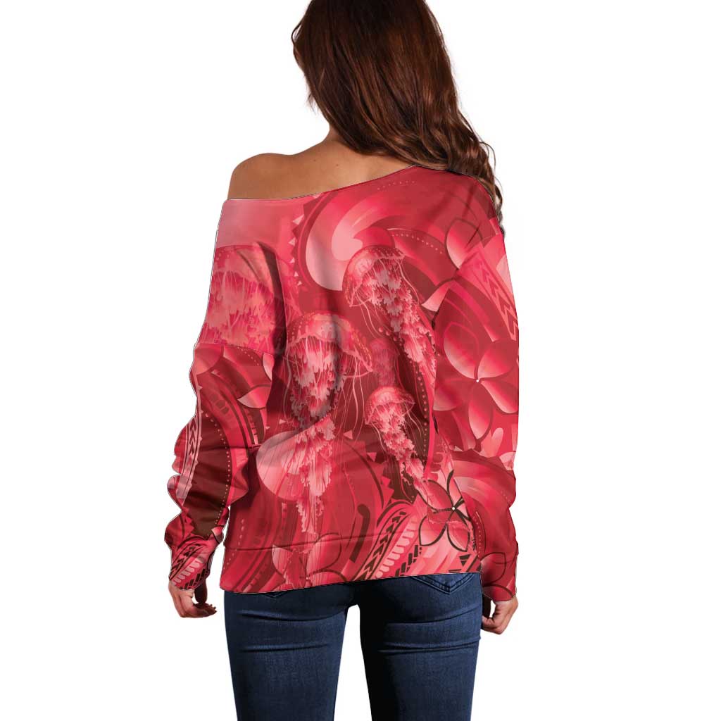 Red Gradient Polynesia Jellyfish Off Shoulder Sweater Plumeria Polynesian Tattoo Glowing Vibes