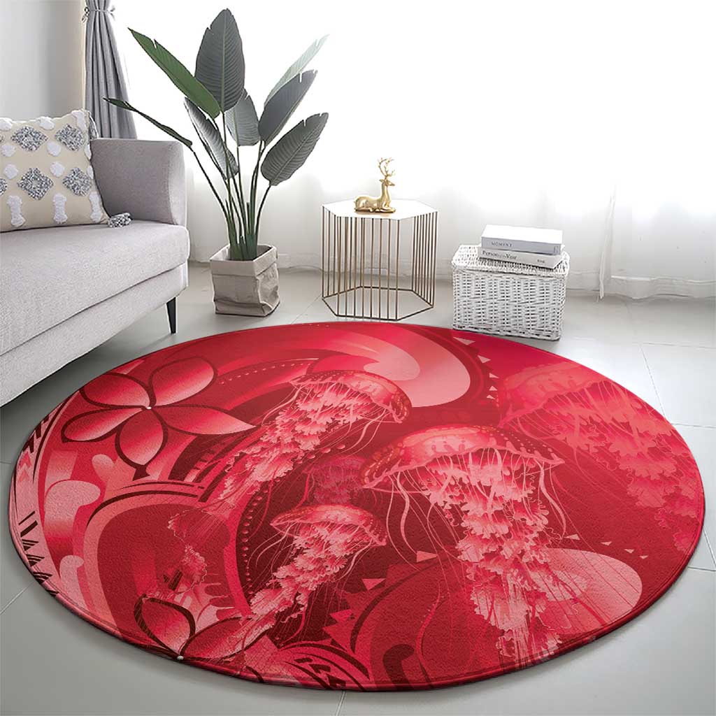 Red Gradient Polynesia Jellyfish Round Carpet Plumeria Polynesian Tattoo Glowing Vibes