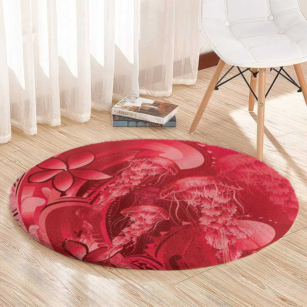 Red Gradient Polynesia Jellyfish Round Carpet Plumeria Polynesian Tattoo Glowing Vibes