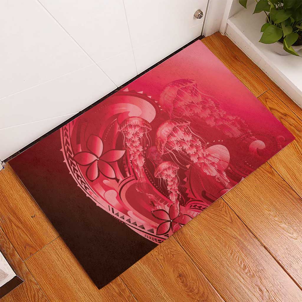 Red Gradient Polynesia Jellyfish Rubber Doormat Plumeria Polynesian Tattoo Glowing Vibes