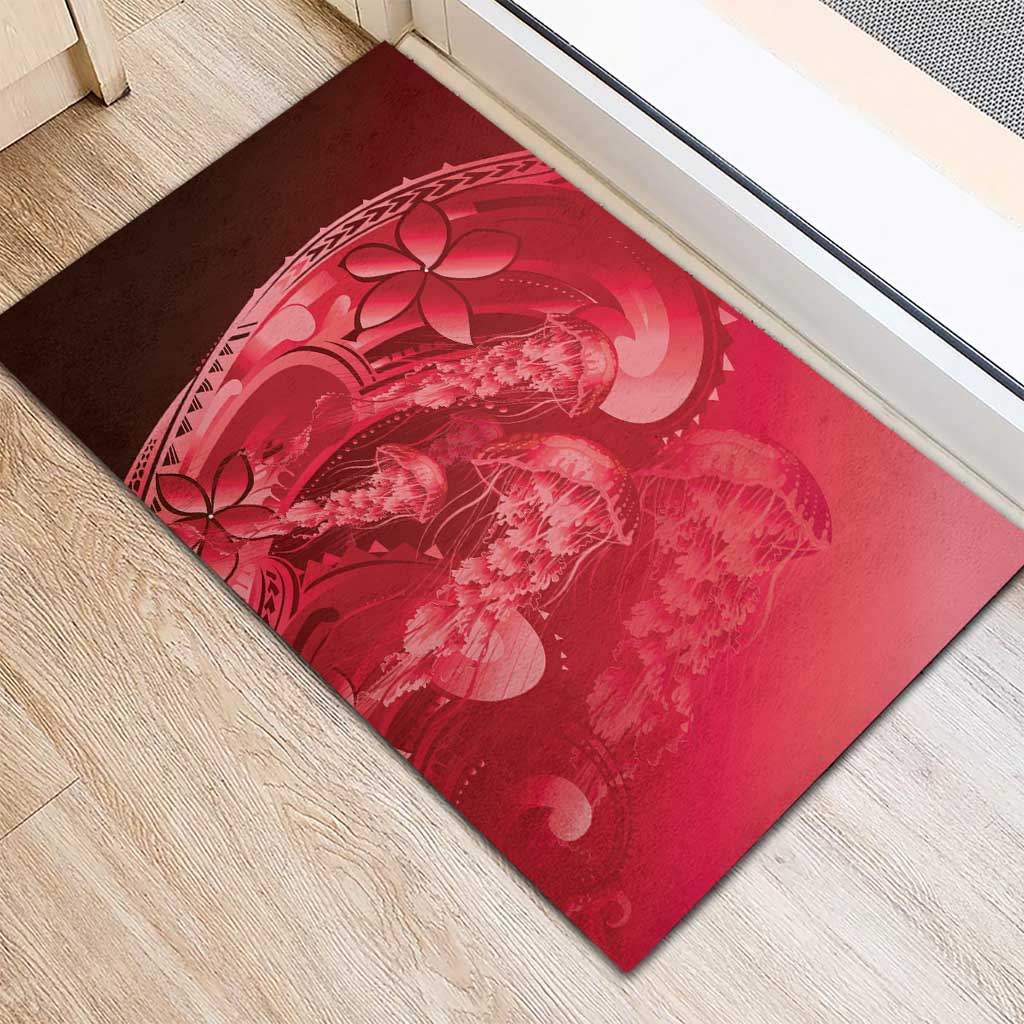 Red Gradient Polynesia Jellyfish Rubber Doormat Plumeria Polynesian Tattoo Glowing Vibes