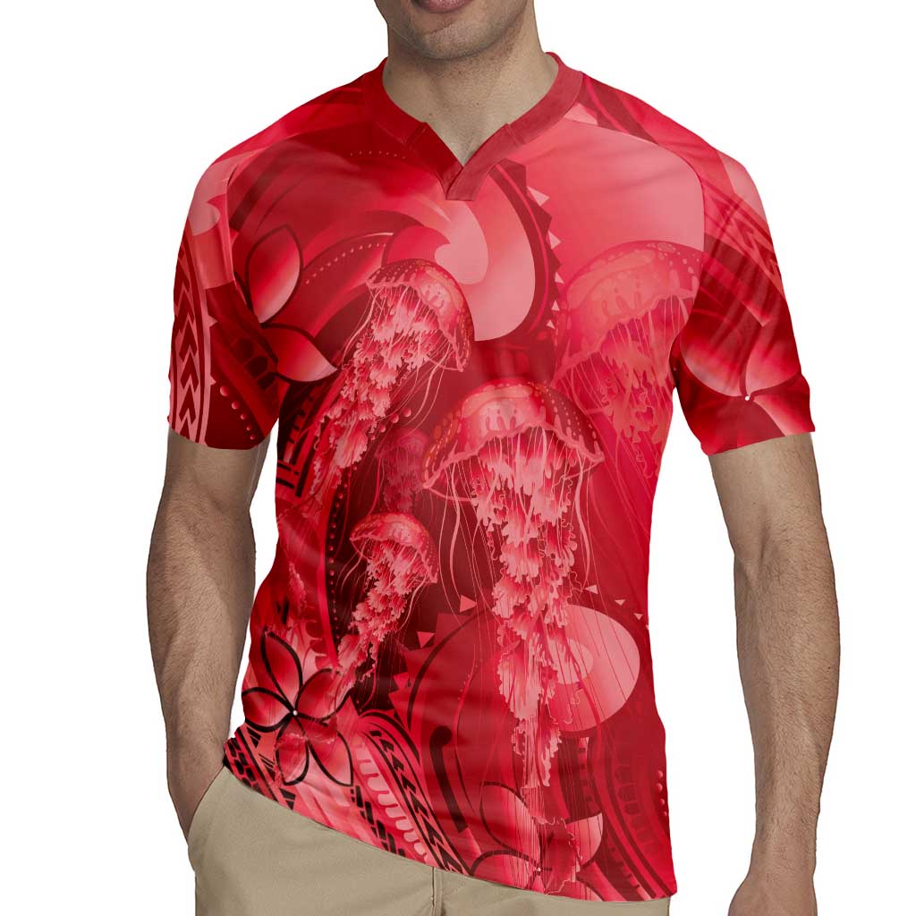 Red Gradient Polynesia Jellyfish Rugby Jersey Plumeria Polynesian Tattoo Glowing Vibes