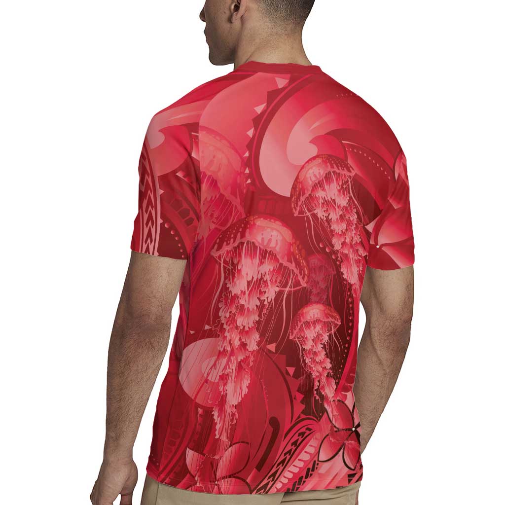 Red Gradient Polynesia Jellyfish Rugby Jersey Plumeria Polynesian Tattoo Glowing Vibes