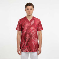 Red Gradient Polynesia Jellyfish Scrub Top Plumeria Polynesian Tattoo Glowing Vibes