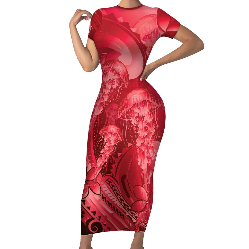 Red Gradient Polynesia Jellyfish Short Sleeve Bodycon Dress Plumeria Polynesian Tattoo Glowing Vibes LT14 Long Dress Red - Polynesian Pride