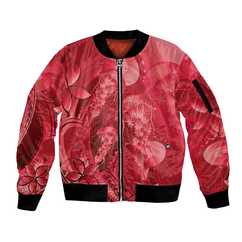 Red Gradient Polynesia Jellyfish Sleeve Zip Bomber Jacket Plumeria Polynesian Tattoo Glowing Vibes