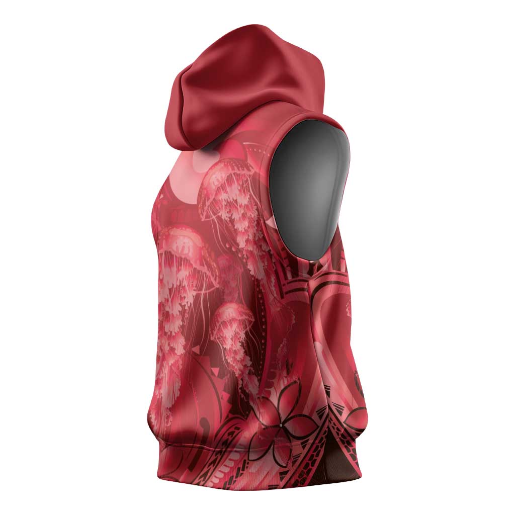 Red Gradient Polynesia Jellyfish Sleeveless Hoodie Plumeria Polynesian Tattoo Glowing Vibes