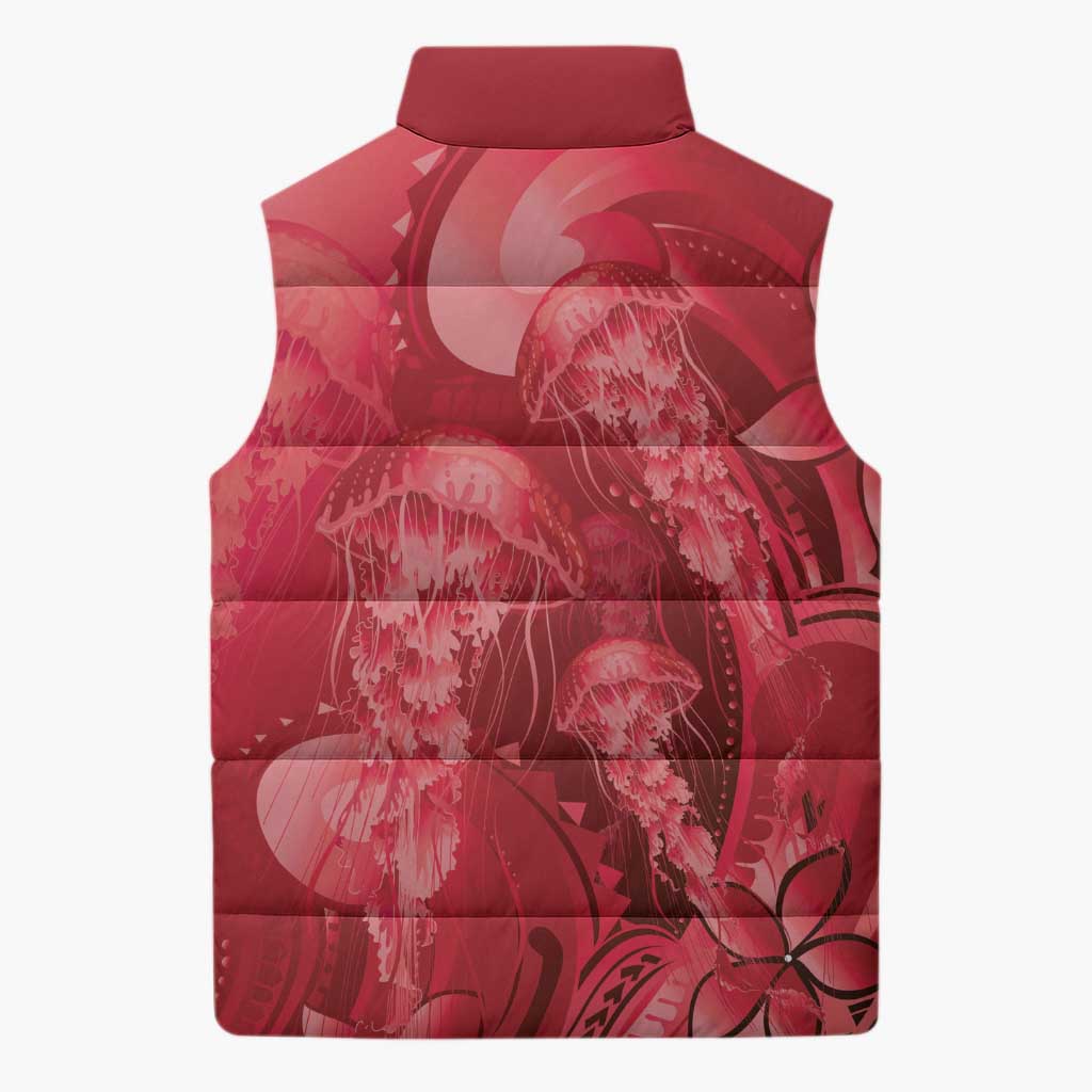 Red Gradient Polynesia Jellyfish Sleeveless Puffer Jacket Plumeria Polynesian Tattoo Glowing Vibes
