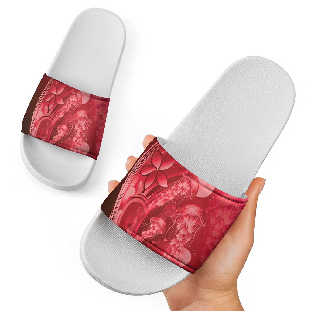Red Gradient Polynesia Jellyfish Slide Sandals Plumeria Polynesian Tattoo Glowing Vibes