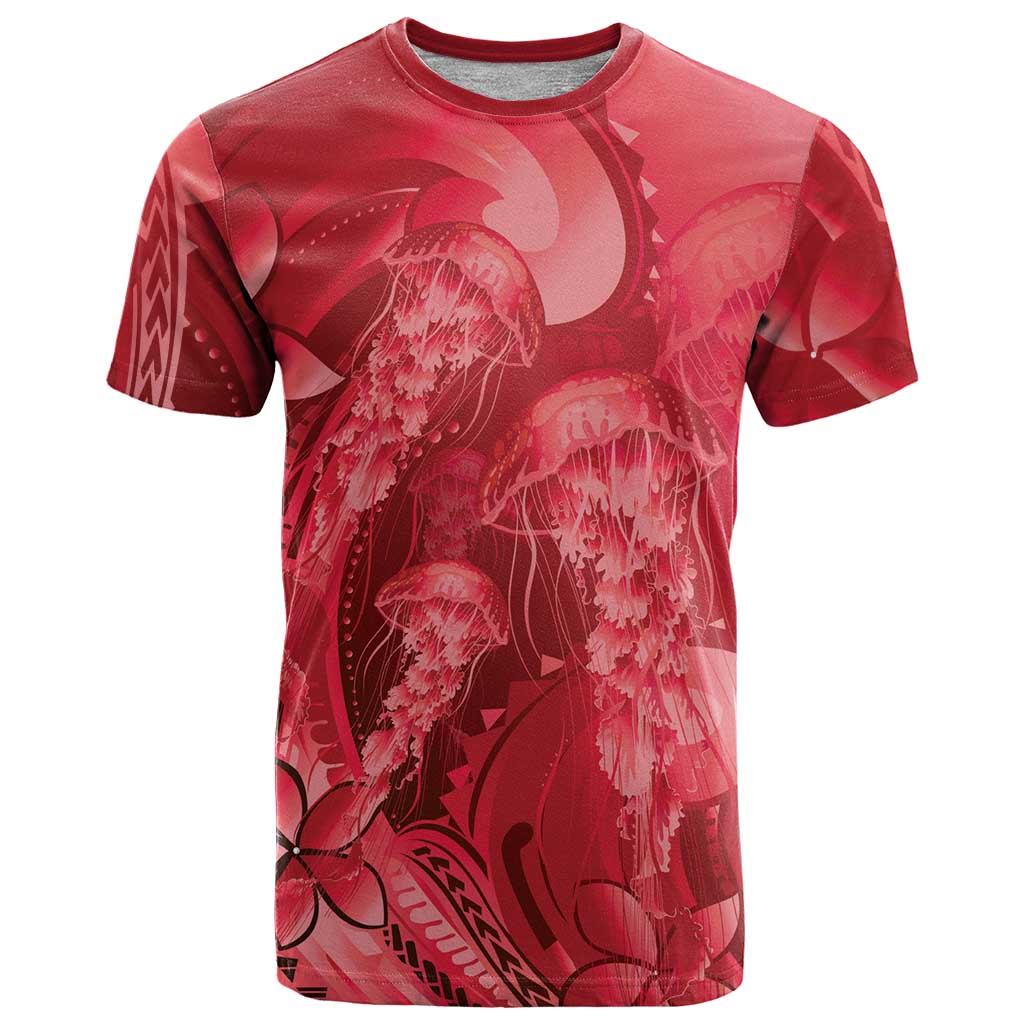 Red Gradient Polynesia Jellyfish T Shirt Plumeria Polynesian Tattoo Glowing Vibes