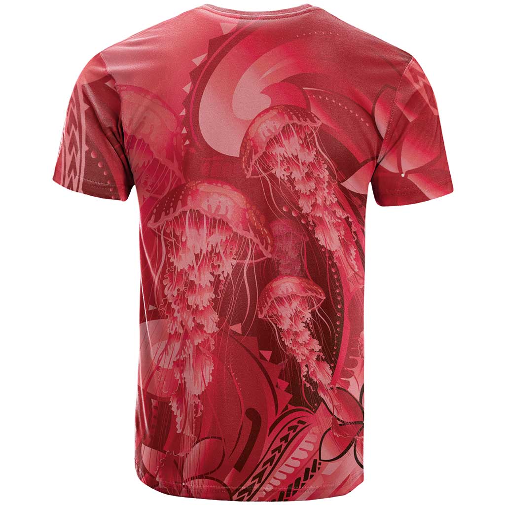 Red Gradient Polynesia Jellyfish T Shirt Plumeria Polynesian Tattoo Glowing Vibes