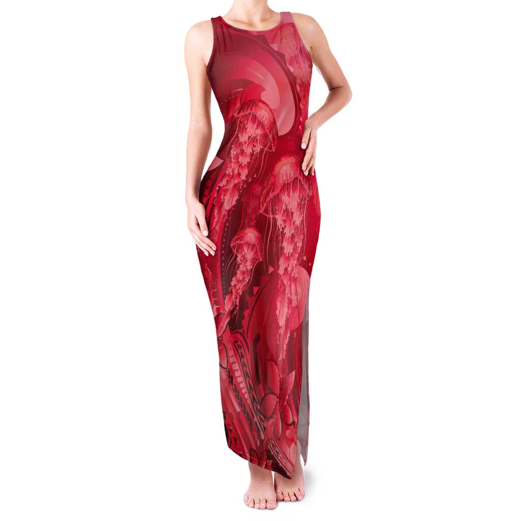 Red Gradient Polynesia Jellyfish Tank Maxi Dress Plumeria Polynesian Tattoo Glowing Vibes