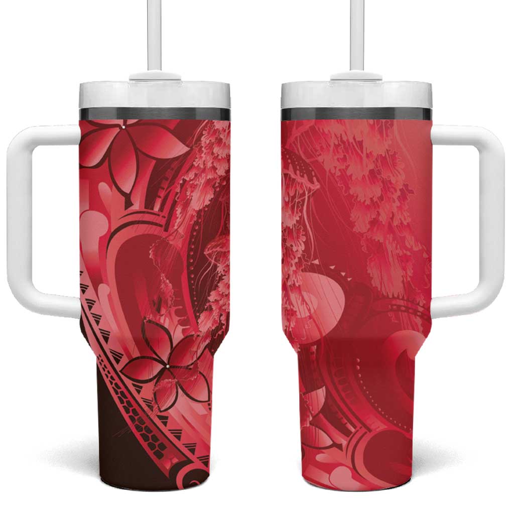 Red Gradient Polynesia Jellyfish Tumbler With Handle Plumeria Polynesian Tattoo Glowing Vibes