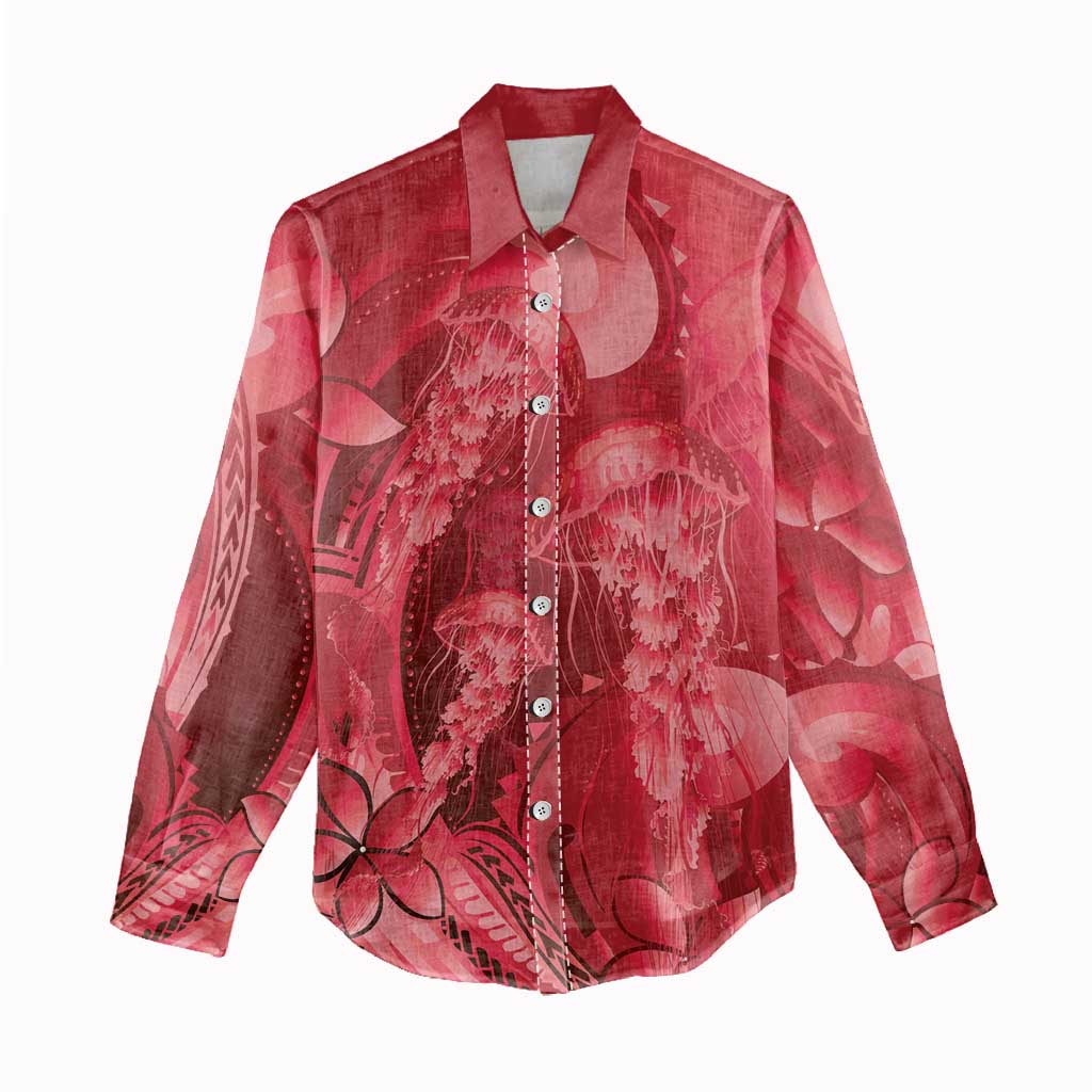 Red Gradient Polynesia Jellyfish Women Casual Shirt Plumeria Polynesian Tattoo Glowing Vibes