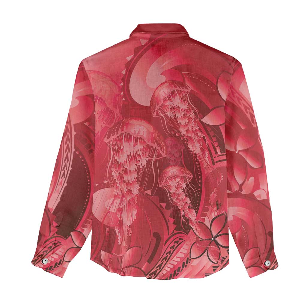 Red Gradient Polynesia Jellyfish Women Casual Shirt Plumeria Polynesian Tattoo Glowing Vibes