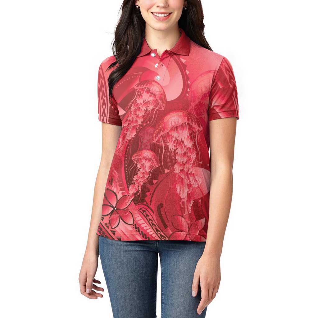 Red Gradient Polynesia Jellyfish Women Polo Shirt Plumeria Polynesian Tattoo Glowing Vibes