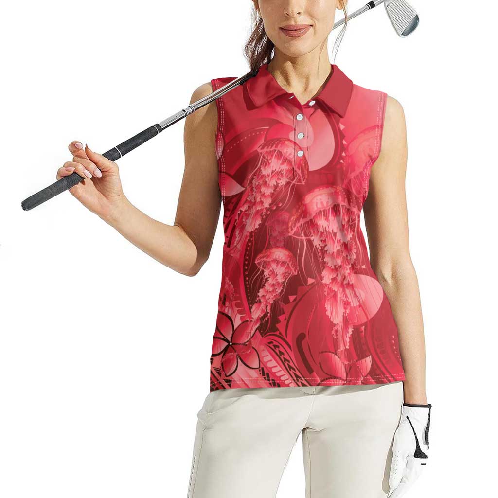Red Gradient Polynesia Jellyfish Women Sleeveless Polo Shirt Plumeria Polynesian Tattoo Glowing Vibes