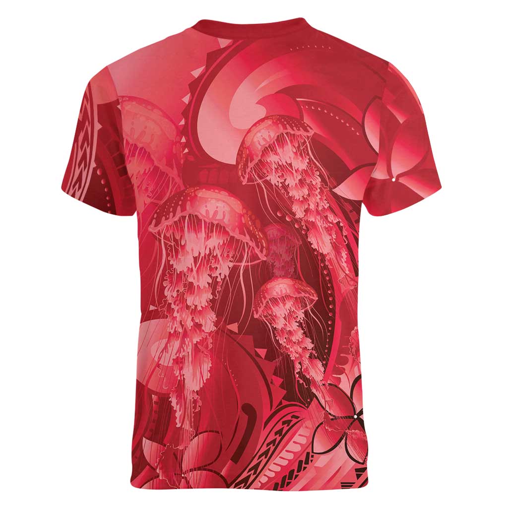 Red Gradient Polynesia Jellyfish Women V-Neck T-Shirt Plumeria Polynesian Tattoo Glowing Vibes