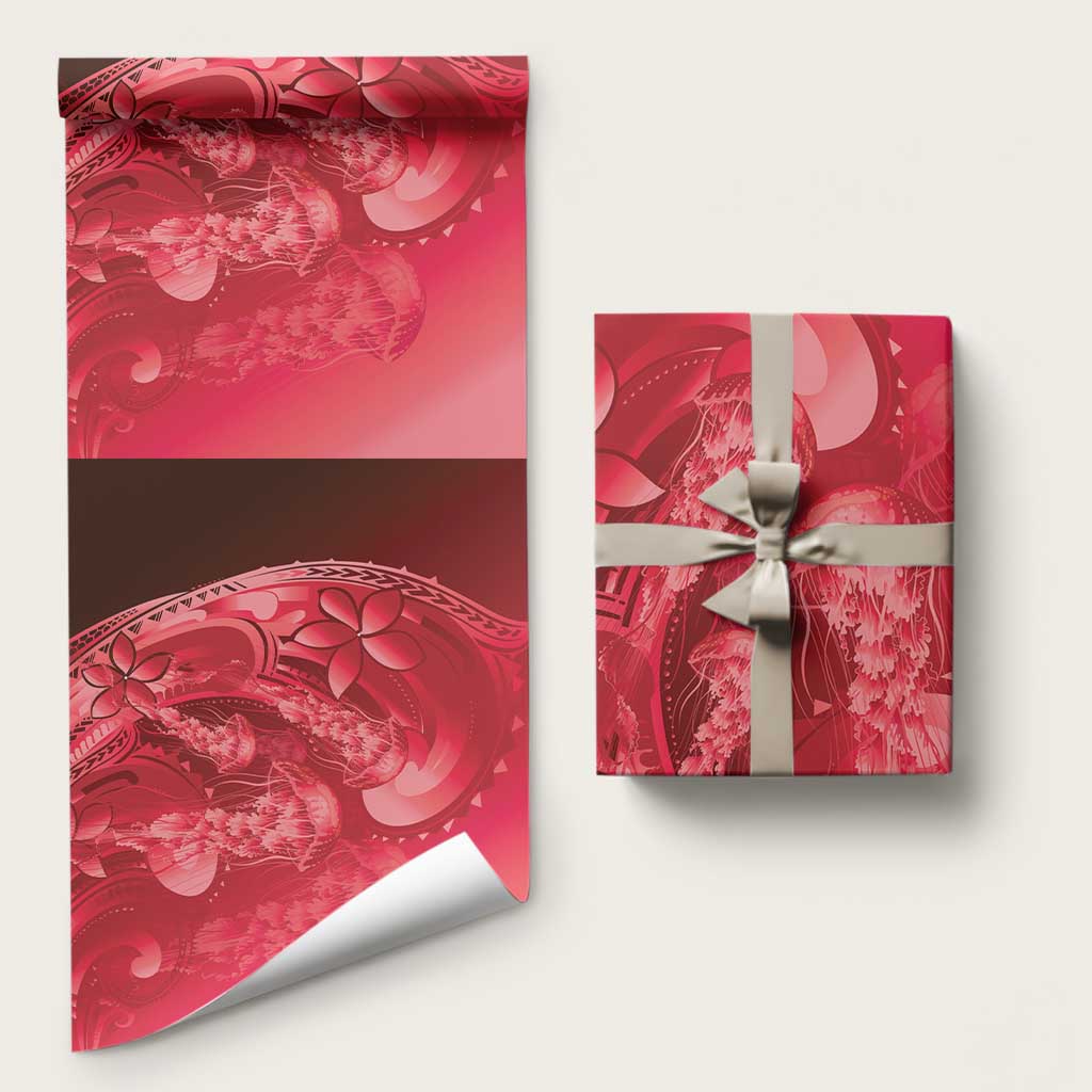 Red Gradient Polynesia Jellyfish Wrapping Paper Plumeria Polynesian Tattoo Glowing Vibes