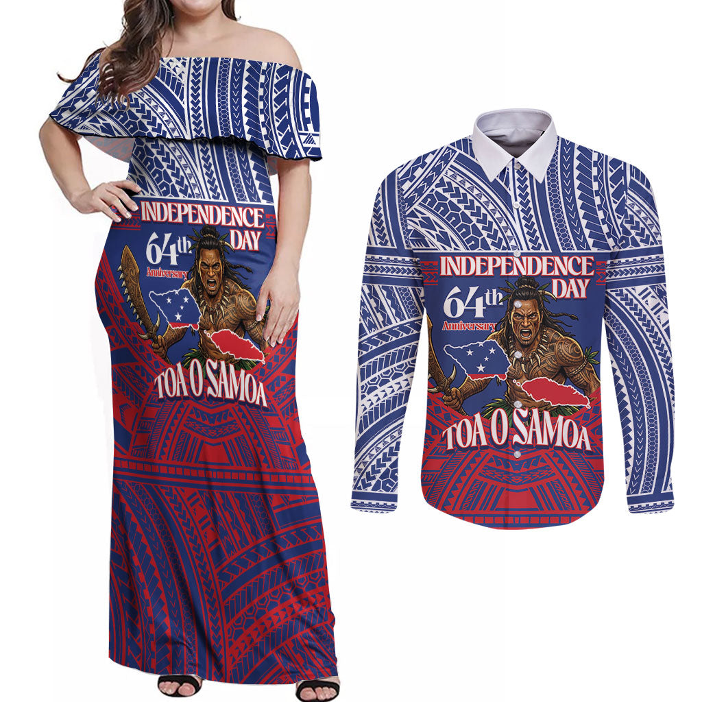 Personalised Samoa Independence Day Couples Matching Off Shoulder Maxi Dress and Long Sleeve Button Shirt 64th Anniversary Toa O Samoa