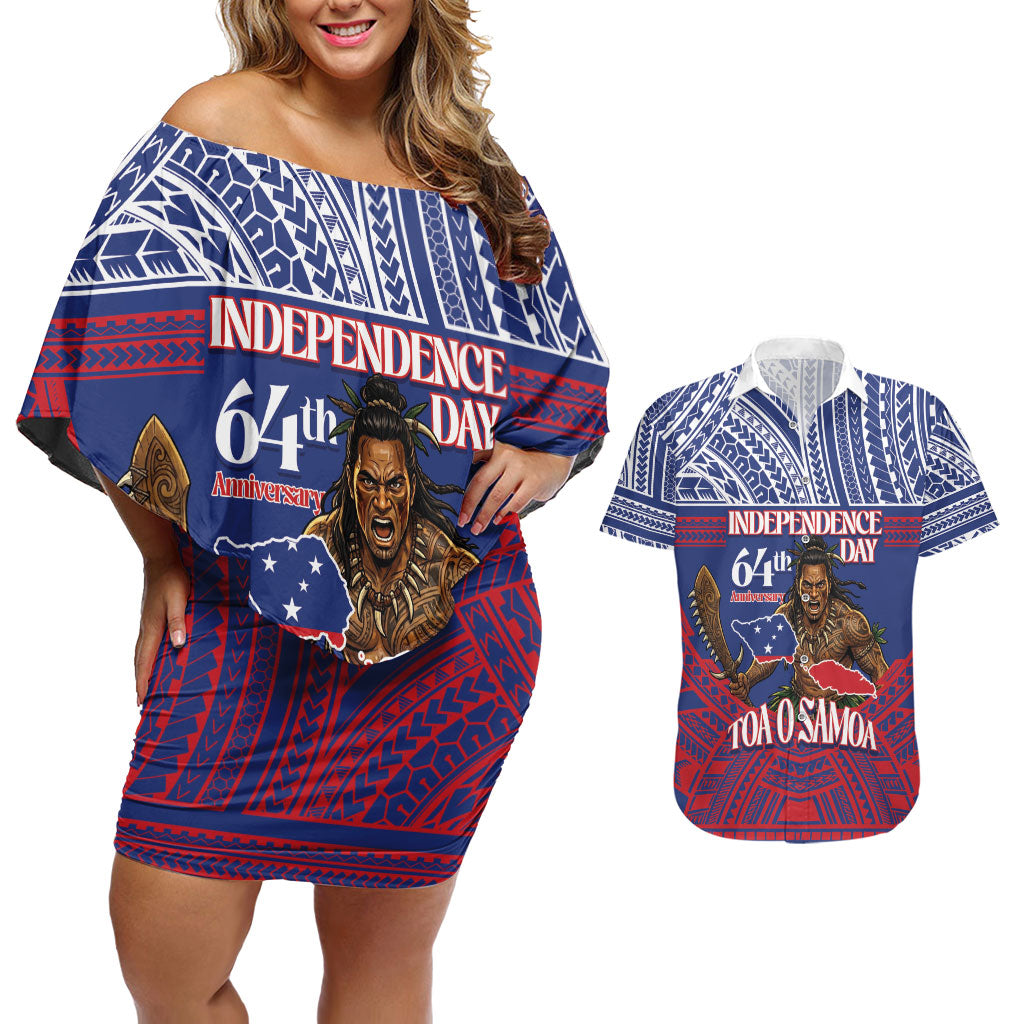 Personalised Samoa Independence Day Couples Matching Off Shoulder Short Dress and Hawaiian Shirt 64th Anniversary Toa O Samoa