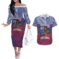 Personalised Samoa Independence Day Couples Matching Off The Shoulder Long Sleeve Dress and Hawaiian Shirt 64th Anniversary Toa O Samoa