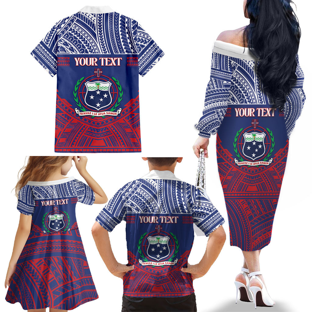Personalised Samoa Independence Day Family Matching Off The Shoulder Long Sleeve Dress and Hawaiian Shirt 64th Anniversary Toa O Samoa