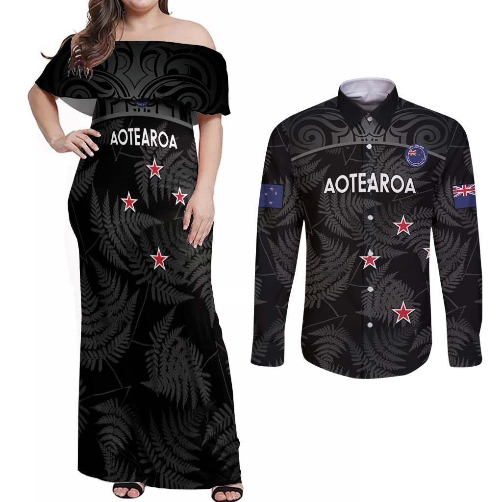 Custom New Zealand Silver Fern Football Couples Matching Off Shoulder Maxi Dress and Long Sleeve Button Shirt Summer 2024 Olympic Go Aotearoa LT14 Black - Polynesian Pride