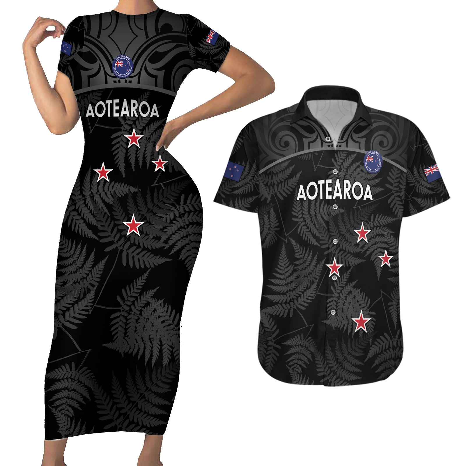 Custom New Zealand Silver Fern Football Couples Matching Short Sleeve Bodycon Dress and Hawaiian Shirt Summer 2024 Olympic Go Aotearoa