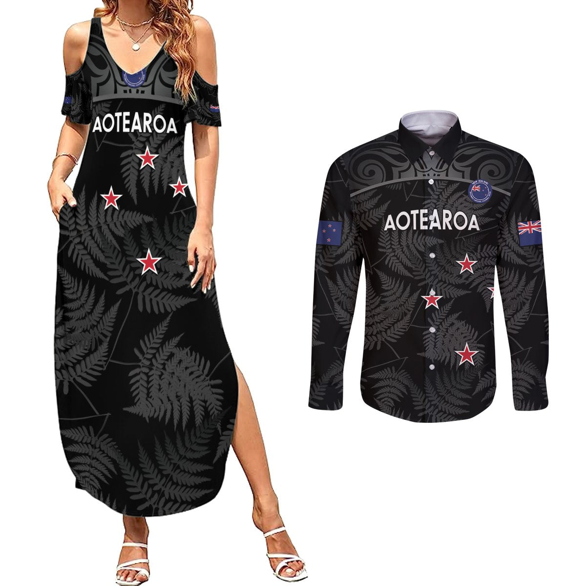 Custom New Zealand Silver Fern Football Couples Matching Summer Maxi Dress and Long Sleeve Button Shirt Summer 2024 Olympic Go Aotearoa LT14 Black - Polynesian Pride