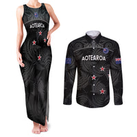 Custom New Zealand Silver Fern Football Couples Matching Tank Maxi Dress and Long Sleeve Button Shirt Summer 2024 Olympic Go Aotearoa LT14 Black - Polynesian Pride