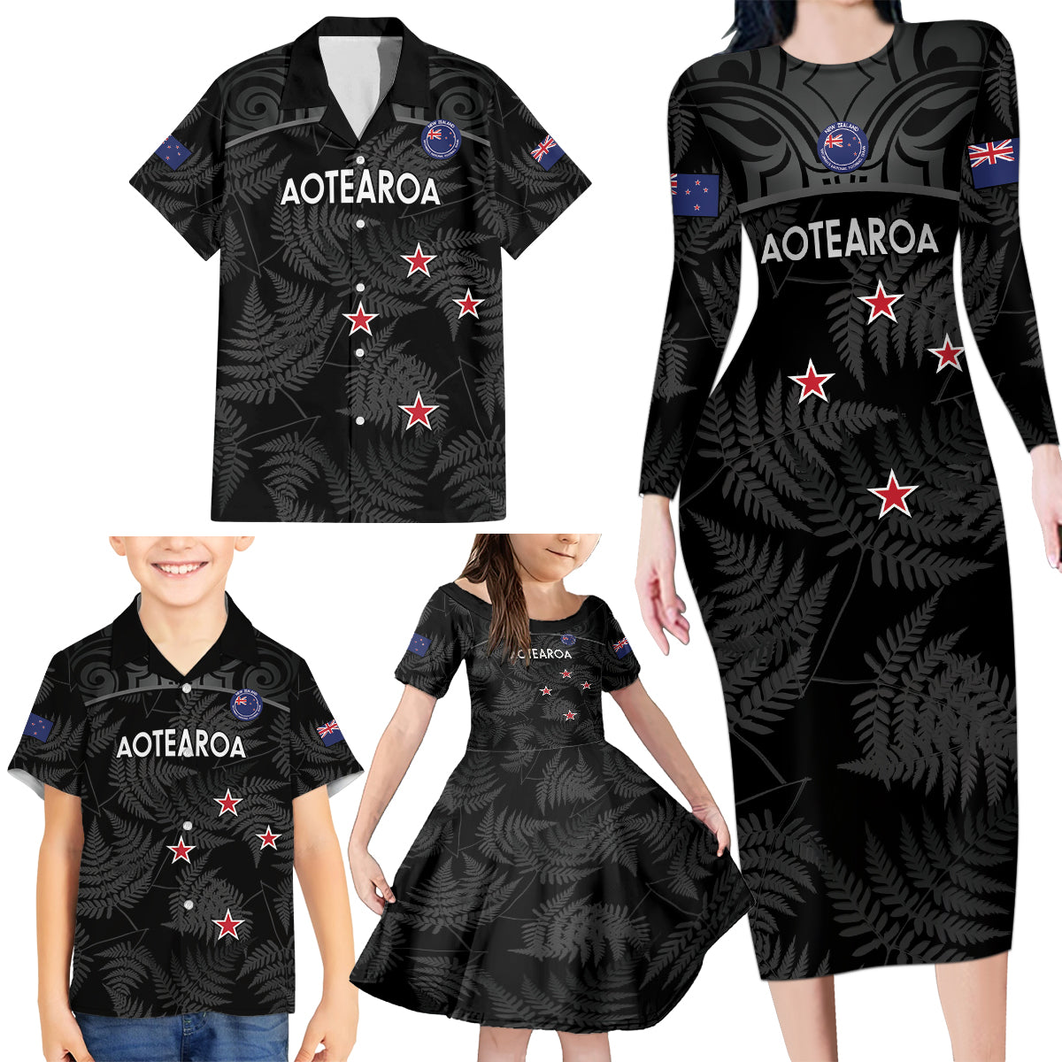 Custom New Zealand Silver Fern Football Family Matching Long Sleeve Bodycon Dress and Hawaiian Shirt Summer 2024 Olympic Go Aotearoa LT14 - Polynesian Pride