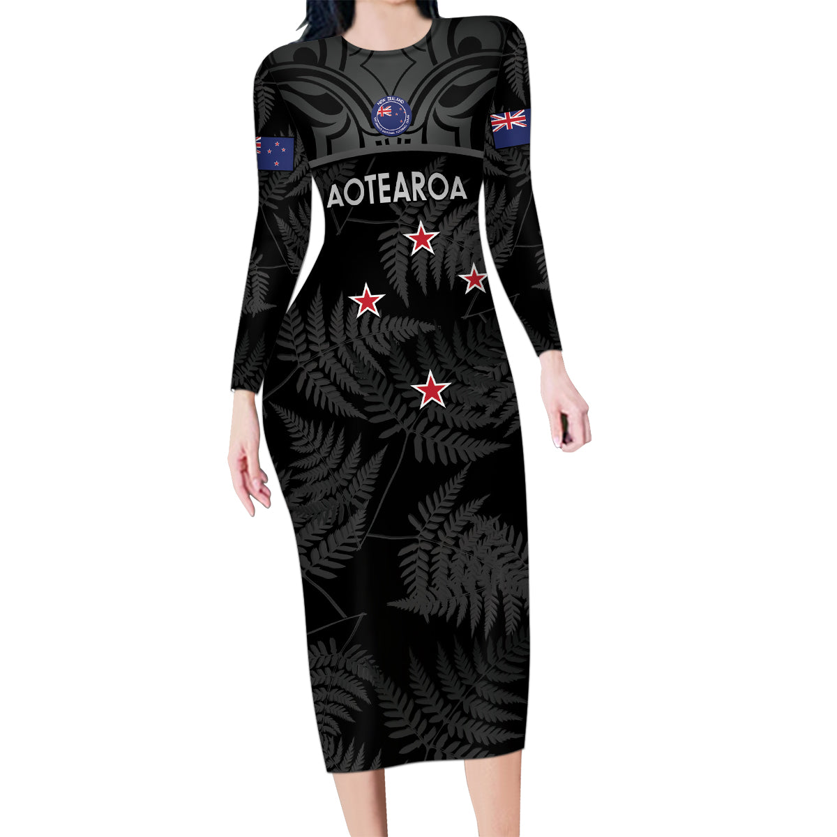 Custom New Zealand Silver Fern Football Family Matching Long Sleeve Bodycon Dress and Hawaiian Shirt Summer 2024 Olympic Go Aotearoa LT14 Mom's Dress Black - Polynesian Pride
