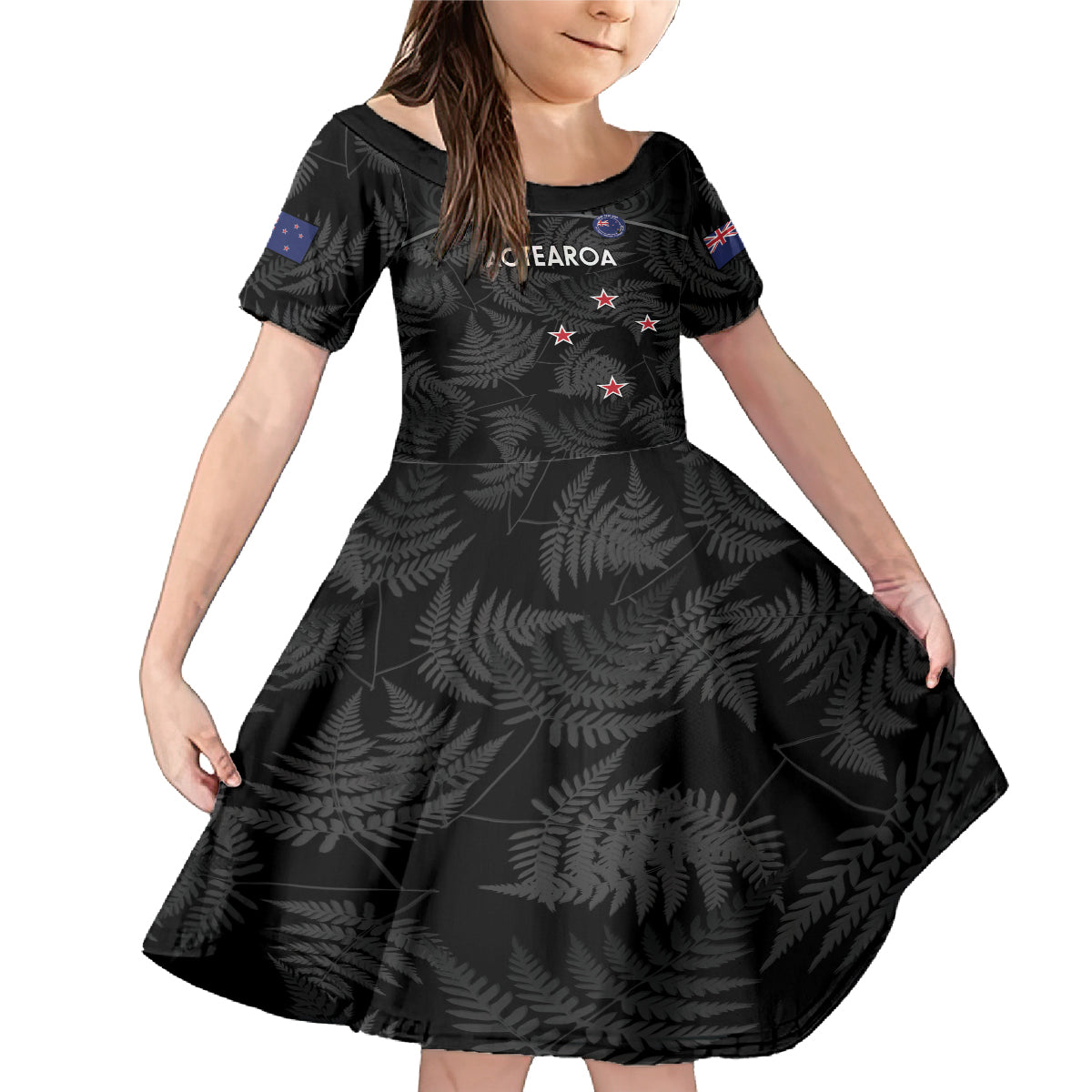 Custom New Zealand Silver Fern Football Family Matching Mermaid Dress and Hawaiian Shirt Summer 2024 Olympic Go Aotearoa LT14 Daughter's Dress Black - Polynesian Pride