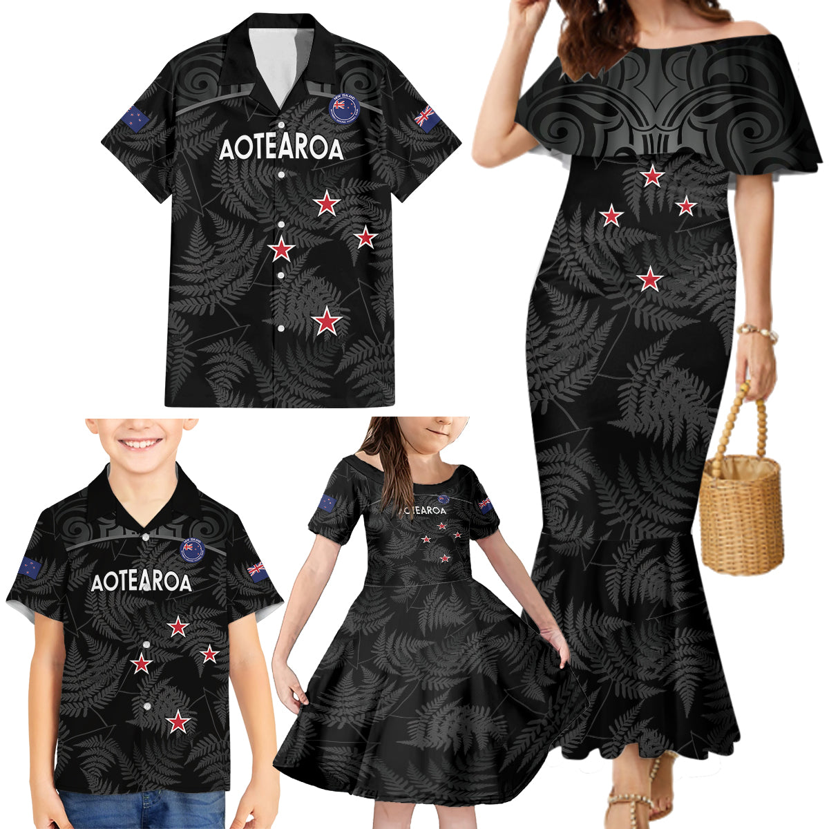 Custom New Zealand Silver Fern Football Family Matching Mermaid Dress and Hawaiian Shirt Summer 2024 Olympic Go Aotearoa LT14 - Polynesian Pride