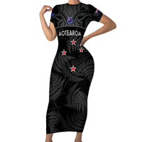 Custom New Zealand Silver Fern Football Family Matching Short Sleeve Bodycon Dress and Hawaiian Shirt Summer 2024 Olympic Go Aotearoa LT14 Mom's Dress Black - Polynesian Pride