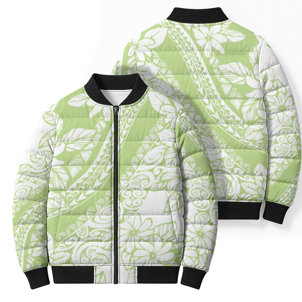 Polynesian Tiare Flower Sage Green Pastel Bomber Puffer Jacket LT14 - Polynesian Pride