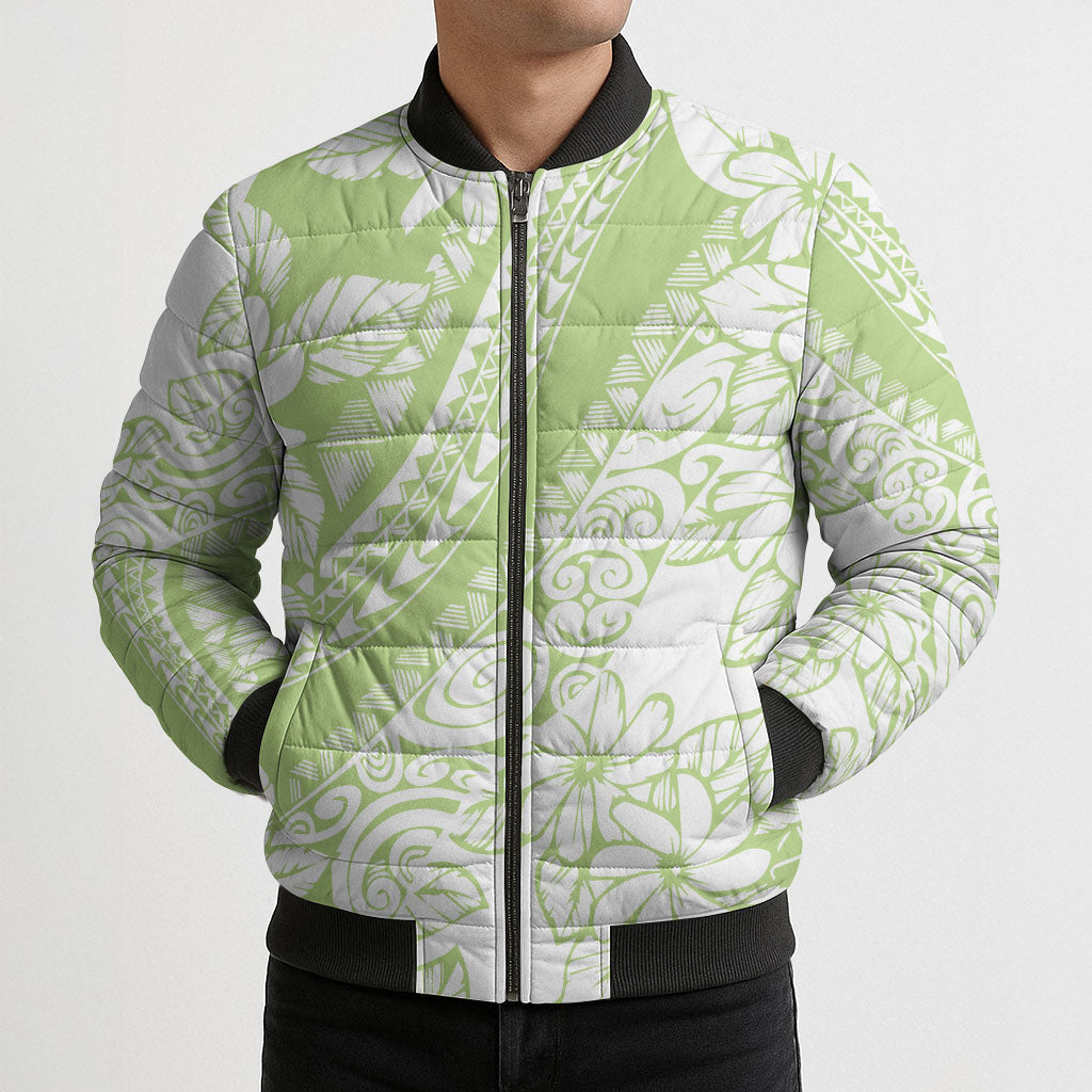 Polynesian Tiare Flower Sage Green Pastel Bomber Puffer Jacket LT14 - Polynesian Pride