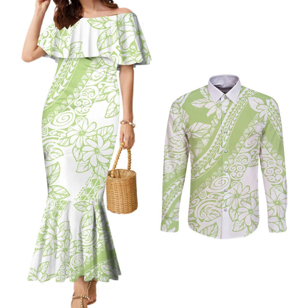 Polynesian Tiare Flower Sage Green Pastel Couples Matching Mermaid Dress and Long Sleeve Button Shirt LT14 Sage Green - Polynesian Pride