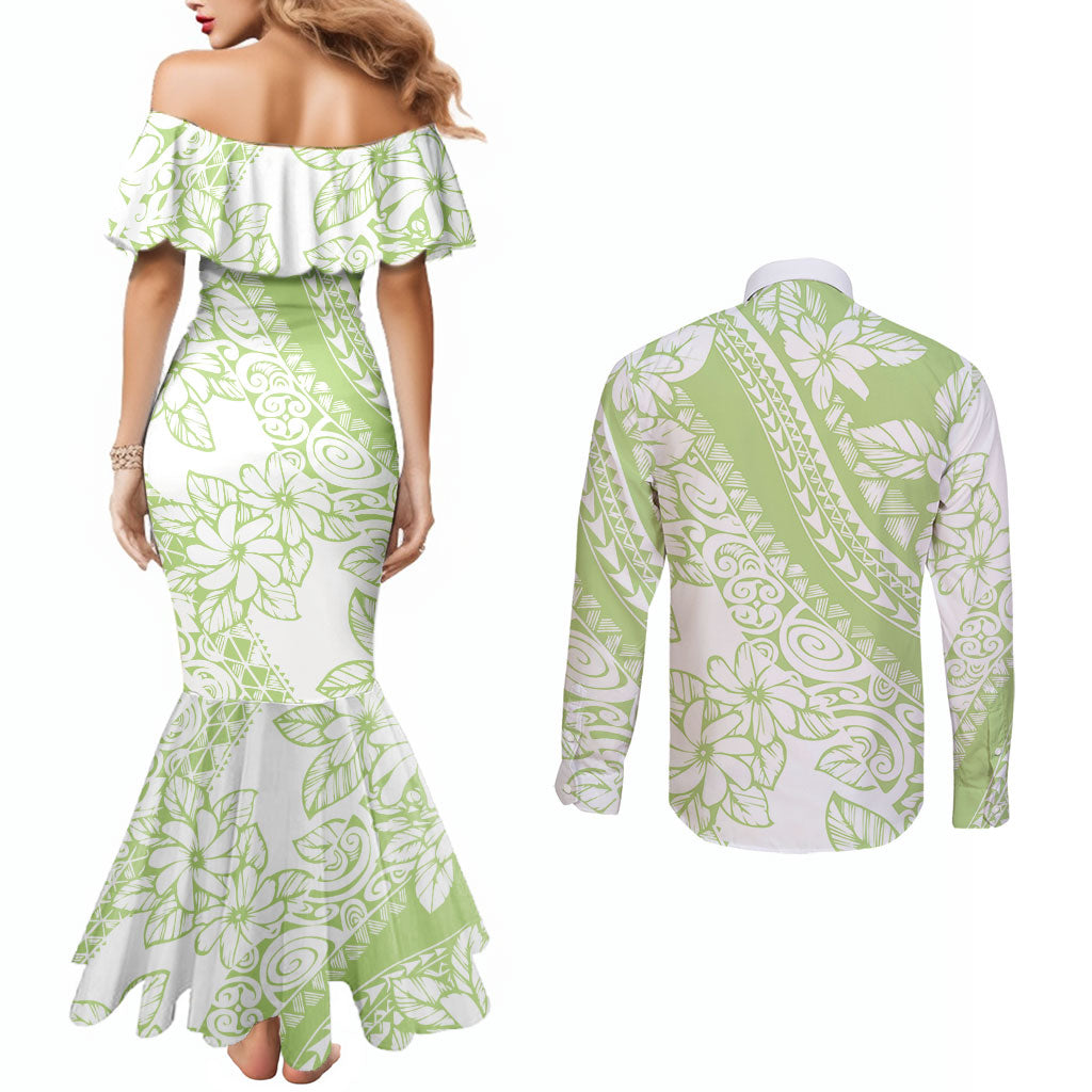 Polynesian Tiare Flower Sage Green Pastel Couples Matching Mermaid Dress and Long Sleeve Button Shirt LT14 - Polynesian Pride