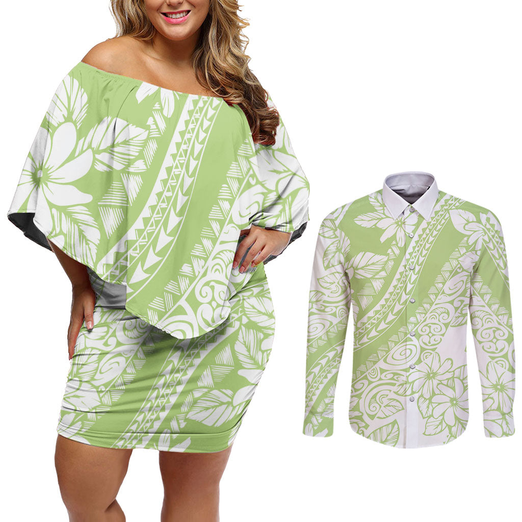 Polynesian Tiare Flower Sage Green Pastel Couples Matching Off Shoulder Short Dress and Long Sleeve Button Shirt